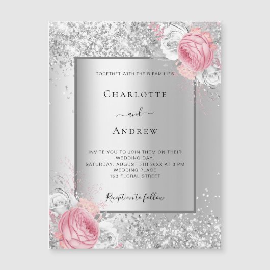 シルバーピンクの白い花模様ラグジュアリー結婚ズ マグネット招待状 (正面)