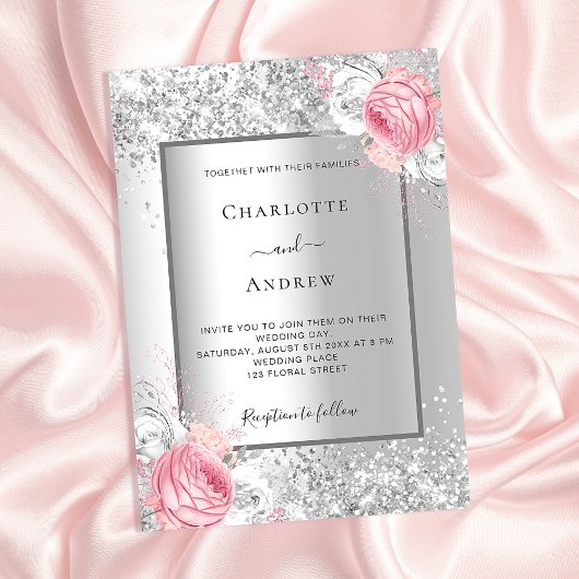 シルバーピンクの白い花模様ラグジュアリー結婚ズ 招待状