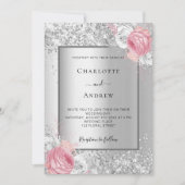 シルバーピンクの白い花模様ラグジュアリー結婚ズ 招待状 (正面)
