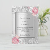 シルバーピンクの白い花模様ラグジュアリー結婚ズ 招待状 (スタンド正面)