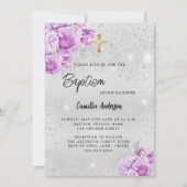 シルバーピンクの花の女の子の豪華バプテスマ 招待状 (正面)