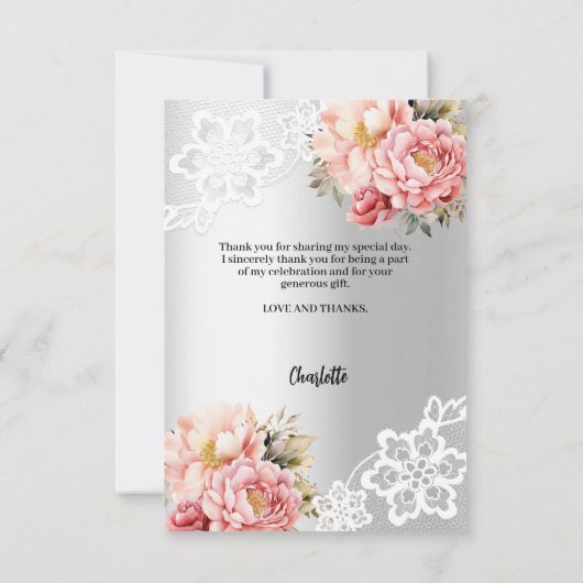 シルバーピンクの花柄レースのウェディングシャワーの写真 サンキューカード (裏面)