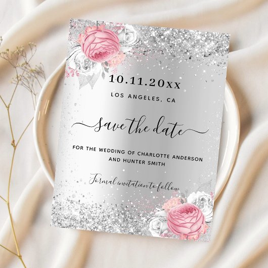 シルバーピンクの花模様の結婚式は日付カードを保存