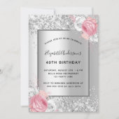 シルバーピンクの花模様エレガントグラマラスな誕生日 招待状 (正面)
