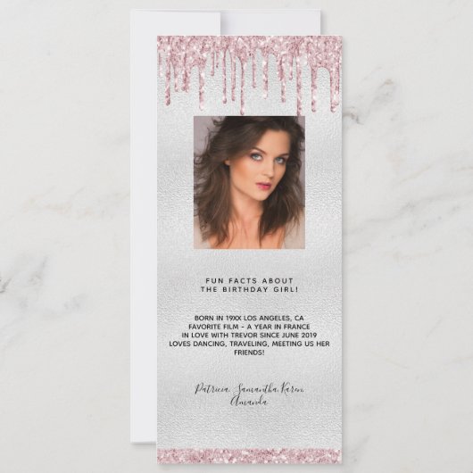 シルバーピンクの花模様誕生日おもしろいファクトのメニューカード 招待状 (裏面)