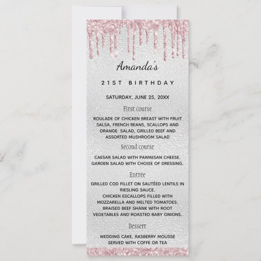 シルバーピンクの花模様誕生日おもしろいファクトのメニューカード 招待状 (正面)