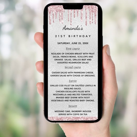 シルバーピンクの花模様誕生日おもしろいファクトのメニューカード 招待状