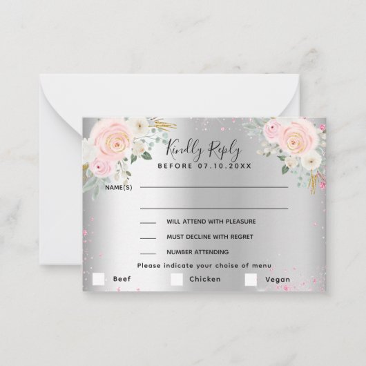 シルバーピンクの花結婚のメニューRSVP ノートカード (正面)