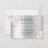 シルバーピンクの花結婚の反応RSVP ノートカード (正面)