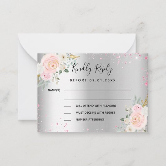 シルバーピンクの花結婚の反応RSVP ノートカード (正面)