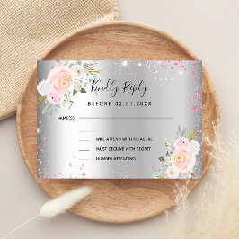 シルバーピンクの花結婚の反応RSVP ノートカード