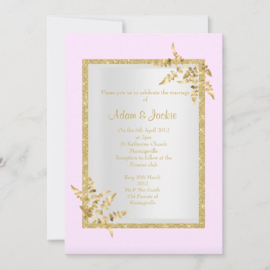 シルバーピンクの金ゴールドエレガントリーフ結婚CLASSY 招待状 (正面)