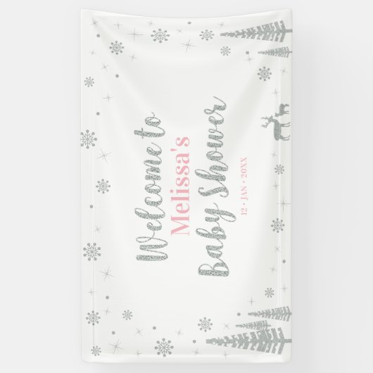 シルバーピンクウィンターワンダーランドベビーシャワーウェルカム 横断幕 (縦)