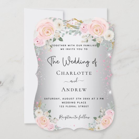 シルバーピンクエレガントのフローラ結婚高級 招待状 (正面)