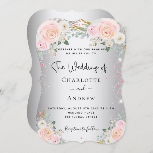 シルバーピンクエレガントのフローラ結婚高級 招待状 (正面/裏面)
