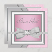シルバーピンクエレガントのベビーガールシャワー 招待状 (正面/裏面)