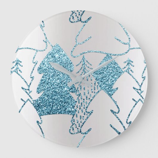 シルバーピンクグリッターウィンターメタリックブルーホリデーズ ラージ壁時計 (正面)