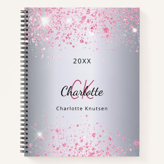 シルバーピンクグリッター名モノグラム ノートブック (正面)