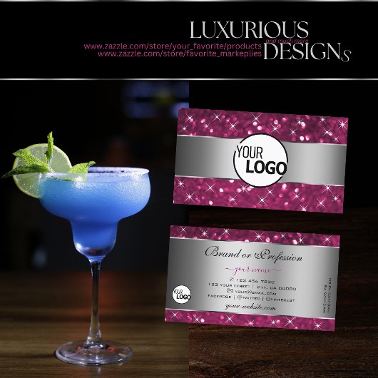 シルバーピンクグリッター輝く発光スターロゴ 名刺