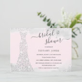 シルバーピンクスパークルダイヤモンドドレスブライダルシャワー 招待状 (スタンド正面)