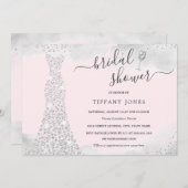 シルバーピンクスパークルダイヤモンドドレスブライダルシャワー 招待状 (正面/裏面)