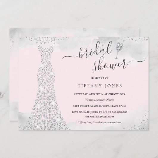 シルバーピンクスパークルダイヤモンドドレスブライダルシャワー 招待状 (正面/裏面)