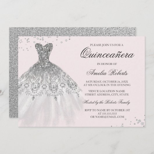 シルバーピンクスパークルドレスキンセアニェラ招待状 招待状 (正面/裏面)