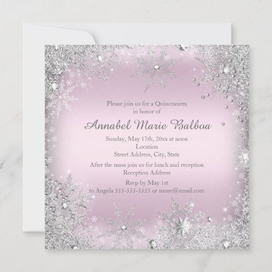 シルバーピンクスパークルドレスティアラキンセアニェラ 招待状 (裏面)