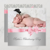 シルバーピンクダマスクボウガールフォト《キリスト教》洗礼式や命名式 招待状 (正面/裏面)