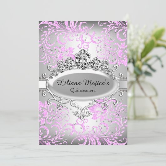 シルバーピンクティアラ&グリッターフローラキンセアニェラ 招待状 (スタンド正面)