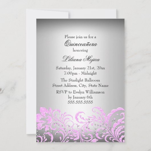 シルバーピンクティアラ&グリッターフローラキンセアニェラ 招待状 (裏面)