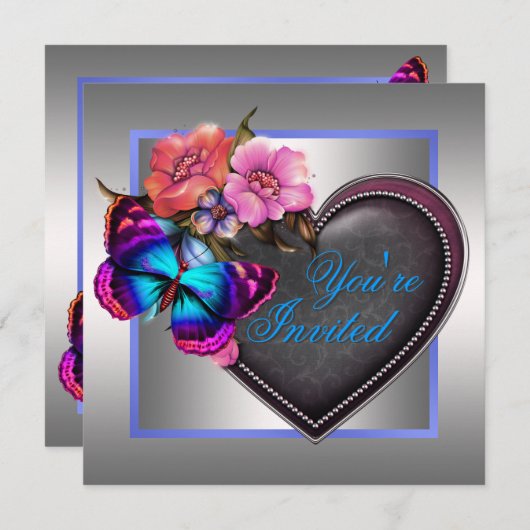 シルバーピンクパープルバタフライパーティー 招待状 (正面/裏面)