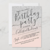 シルバーピンクフェイクスパークリーグリッターグラデーション誕生日 招待状 (正面)