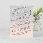 シルバーピンクフェイクスパークリーグリッターグラデーション誕生日 招待状 (スタンド正面)