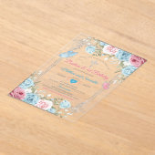 シルバーピンクフローラベビーブルーバプテスマ1st誕生日 アクリル招待状 (レイダウン)