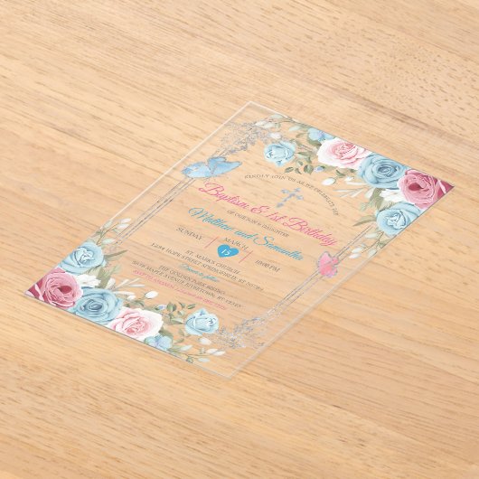 シルバーピンクフローラベビーブルーバプテスマ1st誕生日 アクリル招待状 (レイダウン)