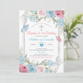 シルバーピンクフローラベビーブルーバプテスマ1st誕生日 招待状 (スタンド正面)