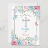 シルバーピンクフローラベビーブルーバプテスマ1st誕生日 招待状 (裏面)