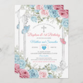 シルバーピンクフローラベビーブルーバプテスマ1st誕生日 招待状 (正面/裏面)