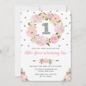 シルバーピンクフローラ最初の1歳の誕生日パーティー招待状 招待状 (正面)