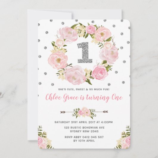 シルバーピンクフローラ最初の1歳の誕生日パーティー招待状 招待状 (正面)