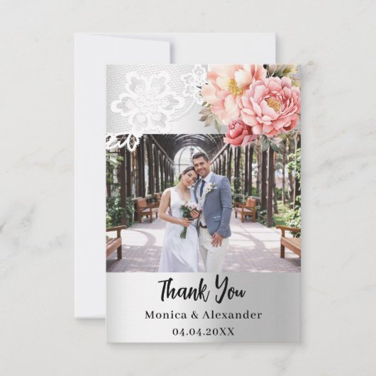 シルバーピンクフローラ結婚レースサンキューカード サンキューカード (正面)