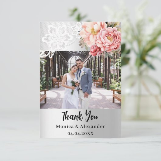 シルバーピンクフローラ結婚レースサンキューカード サンキューカード (スタンド正面)
