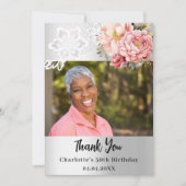 シルバーピンクフローラ誕生日フォトサンキューカード 招待状 (正面)