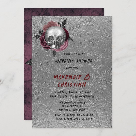 シルバーピンクブラックスカルヘッドウェディングシャワー 招待状 (正面/裏面)