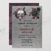 シルバーピンクブラックスカルヘッドハロウィン結婚ズ 招待状 (正面/裏面)