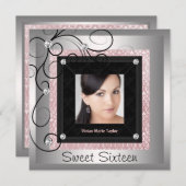 シルバーピンクブラックダマスク写真甘い16パーティー 招待状 (正面/裏面)