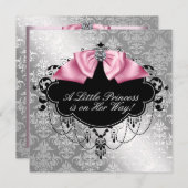 シルバーピンクブラックプリンセスベビーガールシャワー 招待状 (正面/裏面)