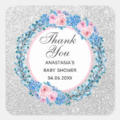 シルバーピンクブルーフローラバラサンキューベイビーシャワー スクエアシール (正面)