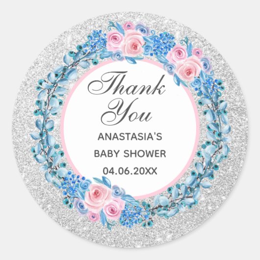 シルバーピンクブルーフローラバラサンキューベイビーシャワー ラウンドシール (正面)